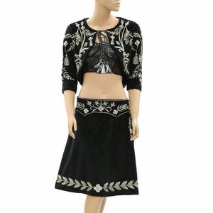 Nj Couture Floral Embroidered Crop Top Skirt Set Evening Shrug Black S